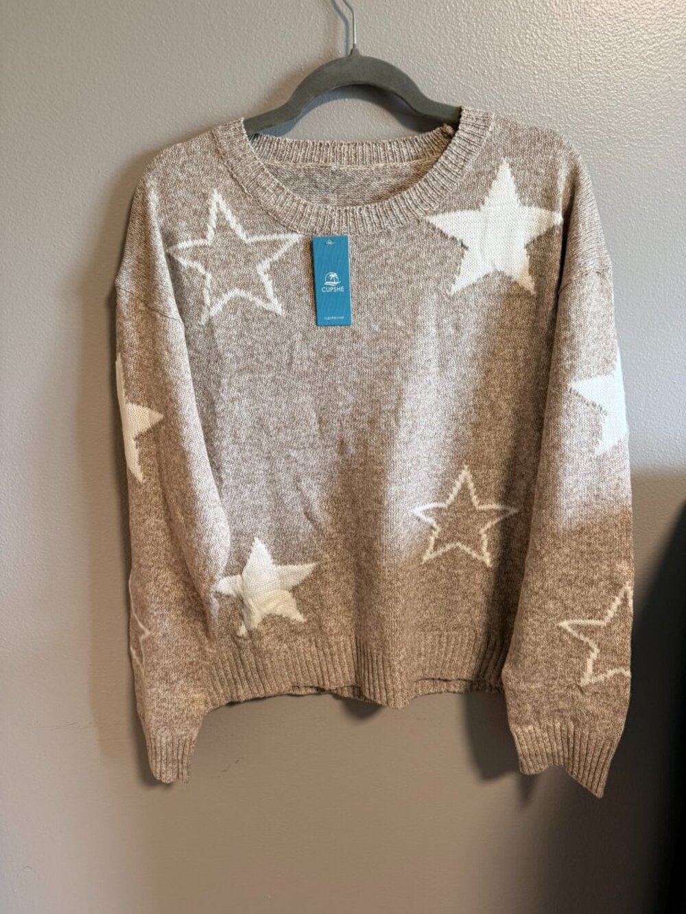NWT Cupshe Star Print Knit Sweater | Size L | Taupe & White Cozy Pullover